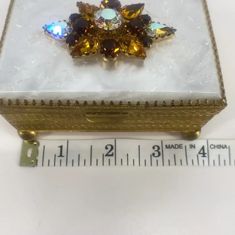 Vintage Austria Jeweled Trinket Box Gold Tone Etched Red Velvet Lined